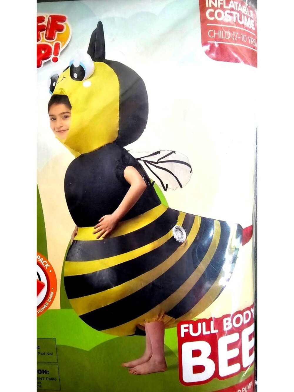 Bumblebee Full Body Bee Inflatable Costume Kid 7-10 Fan Battery Pack Puff Up NEW